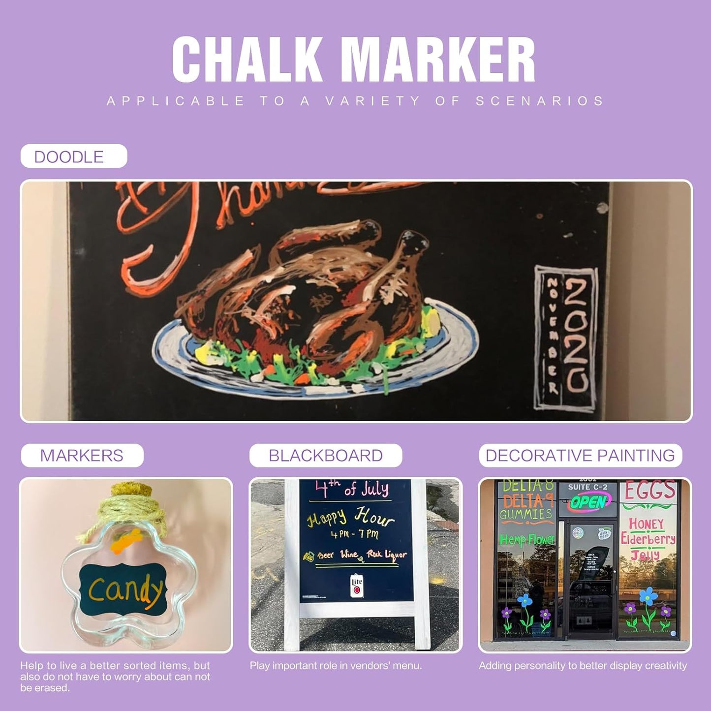 Chalk Markers for Blackboard 24 Colors Wet-Dry Erasable Liquid Chalk Marker, Dust Free Chalk Pen with 6mm Reversible Bullet & Chisel Tip for Car, Window, Glas, Whiteboard, Chalkboard, Mirror, Calendar