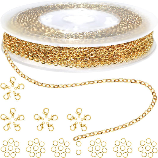 Jishi 33ft Stainless Steel Gold Plated Chain for Jewelry Making Supplies - 2mm 18K Gold Plated Non Tarnish - 33ft Roll with Lobster Clasps, Jump Rings - Gold