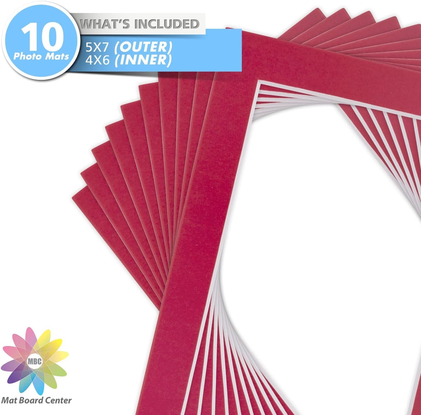 Mat Board Center, Pack of 10, 5x7 for 4x6 China Red Color Mats - Bevel Cut, Acid Free, 4-ply Thickness, White Core - for Pictures, Photos, Framing