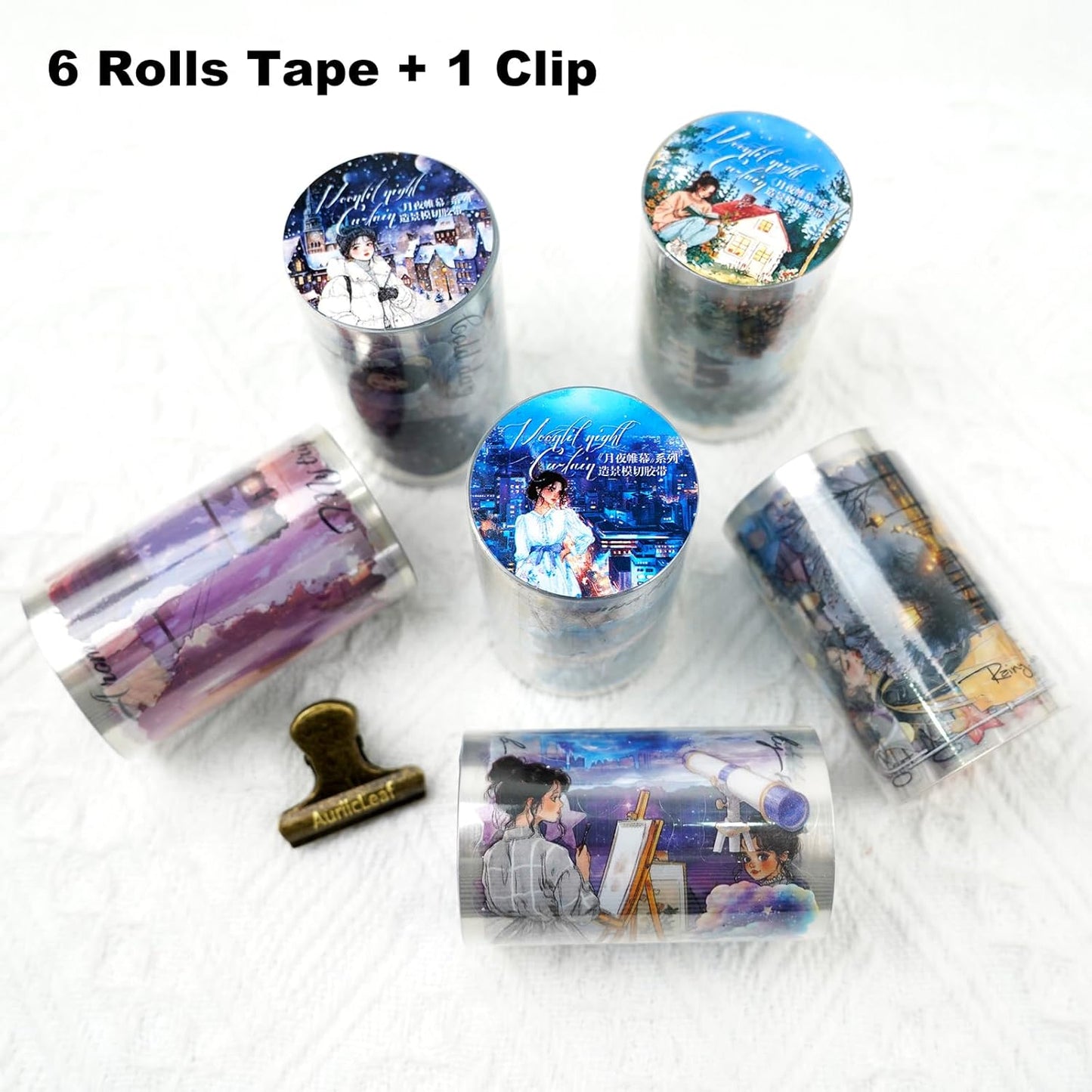 Moonlit PET Tape Set, 6Rolls Pre-Cut Night Scenery Stickers for Scrapbooking & Journaling, Includes Clip, Large Size, Ideal for Collage, DIY Crafts