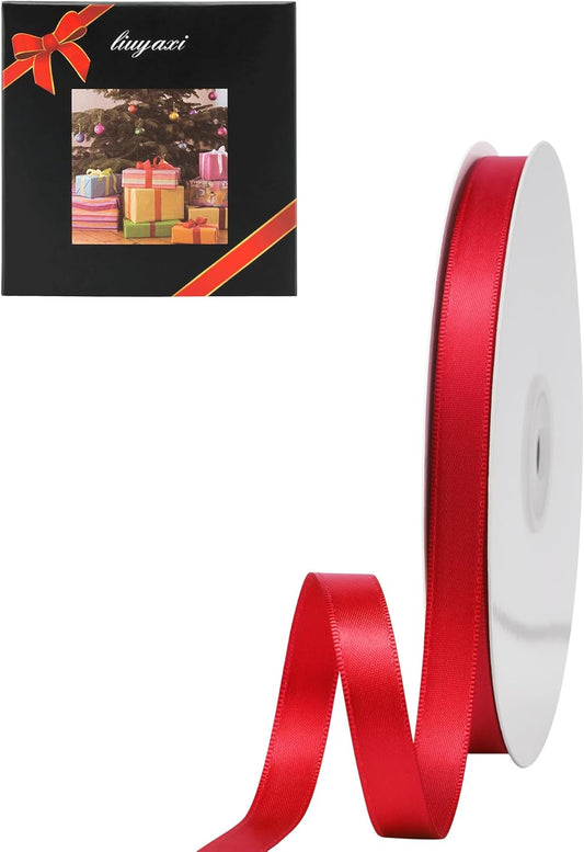 LIUYAXI Hot Red Double Faced Satin Ribbon, 3/8" X Continuous 25 Yards, Ribbons Perfect for Gift Wrapping Bows Bouquet Wedding Decor DIY Craft and More