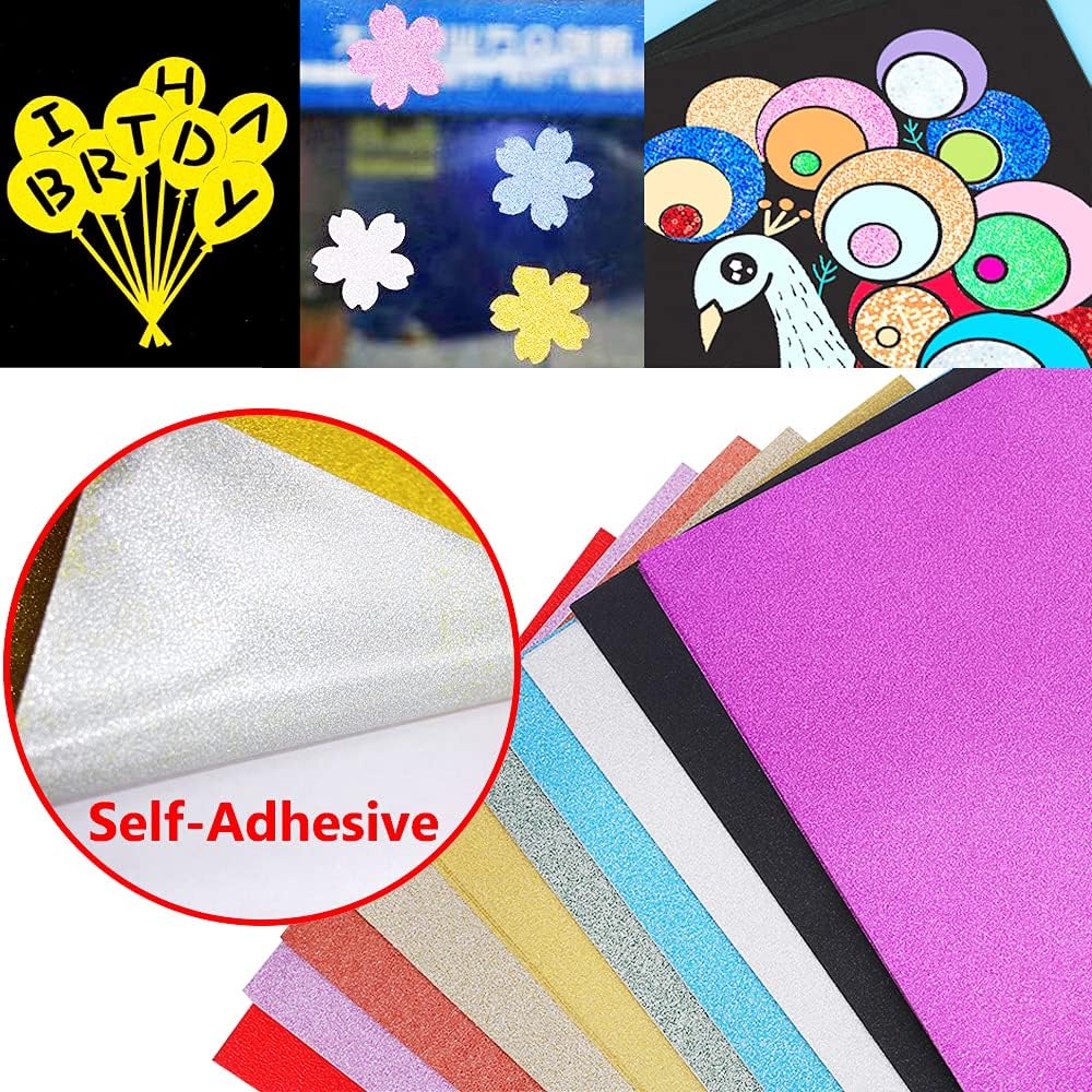 UCEC Glitter Cardstock Paper, 50 Sheets 10 Colors, 8.3 x 11.7 Inch Self-Adhesive Glitter Sticker Paper for Card Making, Sparkly Papers for Craft DIY Halloween Party Scrapbooking Gift, A4, 80 GSM