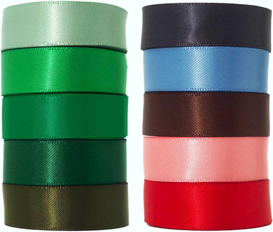 5/8 Inch Assorted Satin Ribbon Set, 50 Yards Double Faced Pack, Into The Forest 10 Colored Green Ribbon Bulk for Gift Wrapping, Crafts, Flower Bouquet, Eco Environment, Earthy Day, Forest Wedding