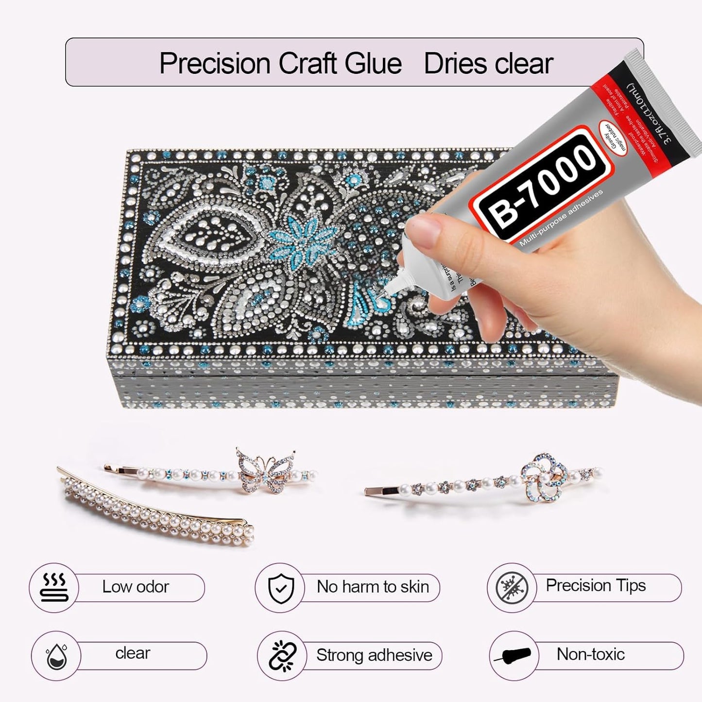 3 PCS 110ml B7000 Glue Clear with Precision Tip, B7000 Rhinestone Glue Set, Craft Glues with 5-Point Pen Tool, Crayon, and Tweezers, Fabric Glues is Used for Nails, Jewelry, Shoes, Fabrics