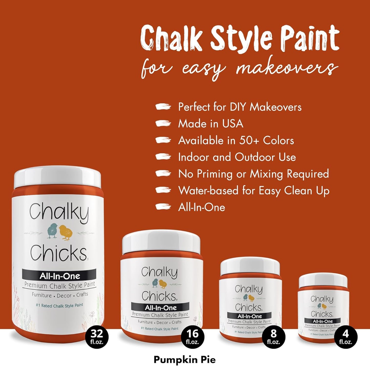 Chalky Chicks All-in-One Chalk Paint for Furniture or Cabinet - 8 Fl Oz - Matte Finish Pumpkin Pie Orange for Metal, Wood Furniture Paint - No Sanding All-in-One for Home Decor & Crafts, USA Made