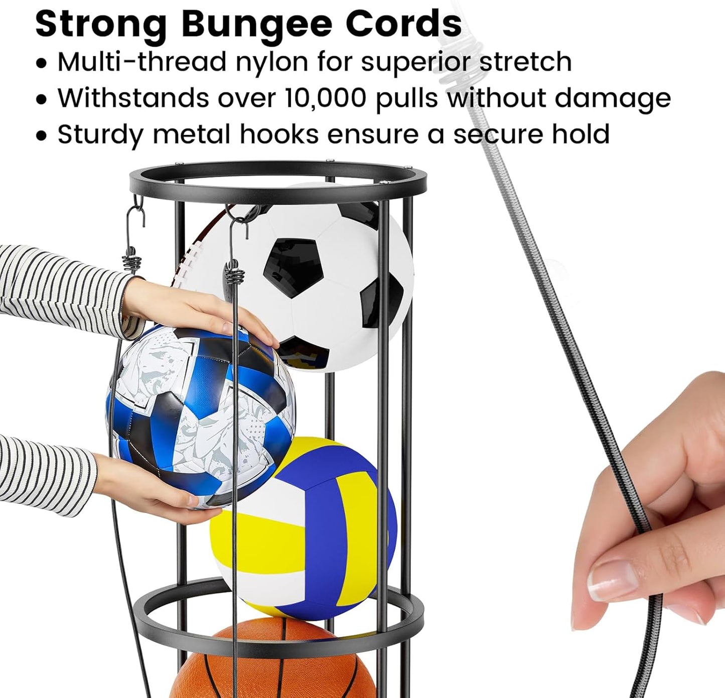 Garage Ball Storage Rack – Freestanding & Wall Mounted Sports Organizer with Elastic Cords Holds 7 Balls – Space Saving Basketball Soccer Football Holder for Home Kids Room