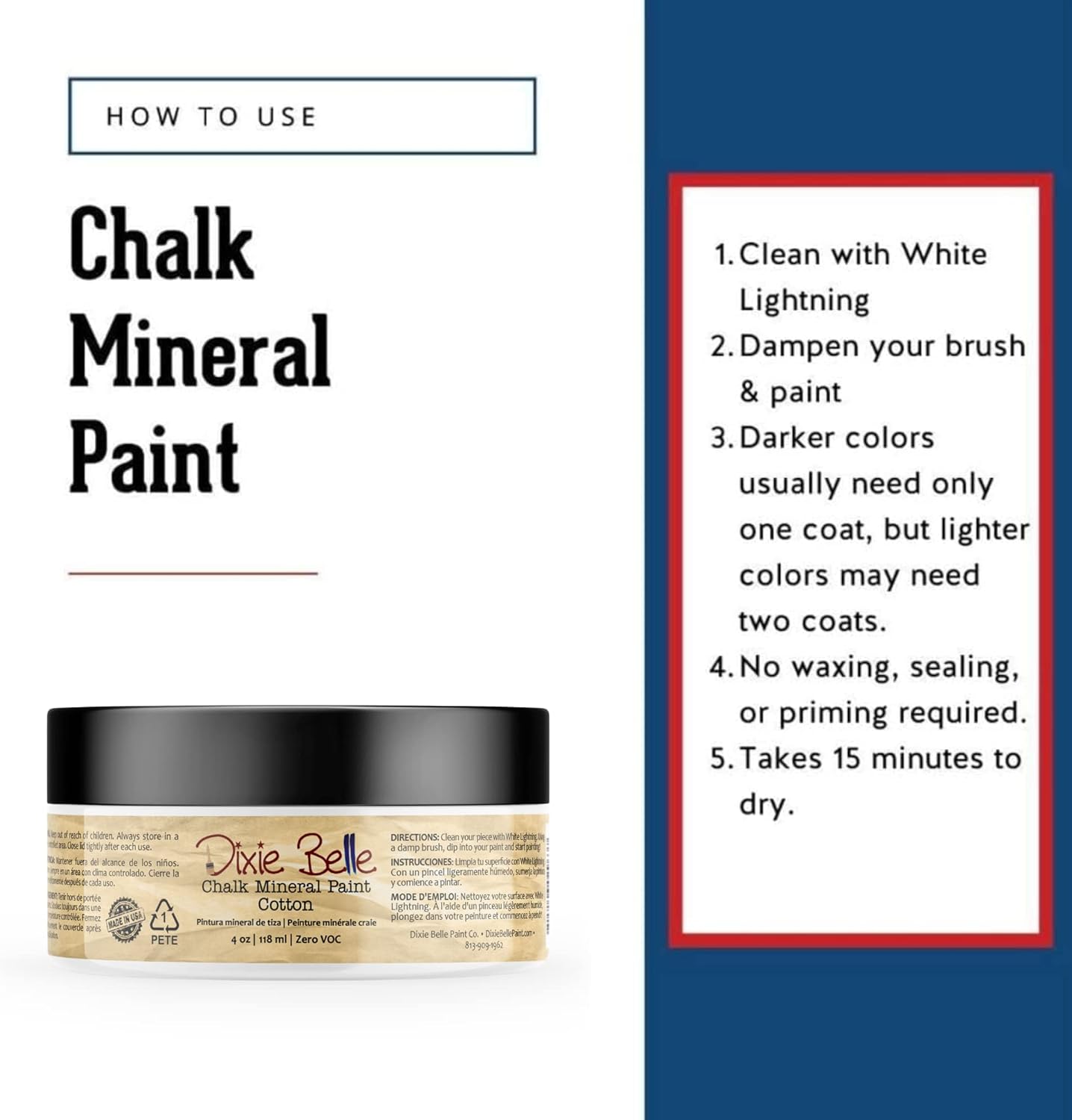 Dixie Belle Paint Company Chalk Finish Furniture Paint - Cotton (4oz) - Matte Pure White Chic Chalk Mineral DIY Furniture Paint