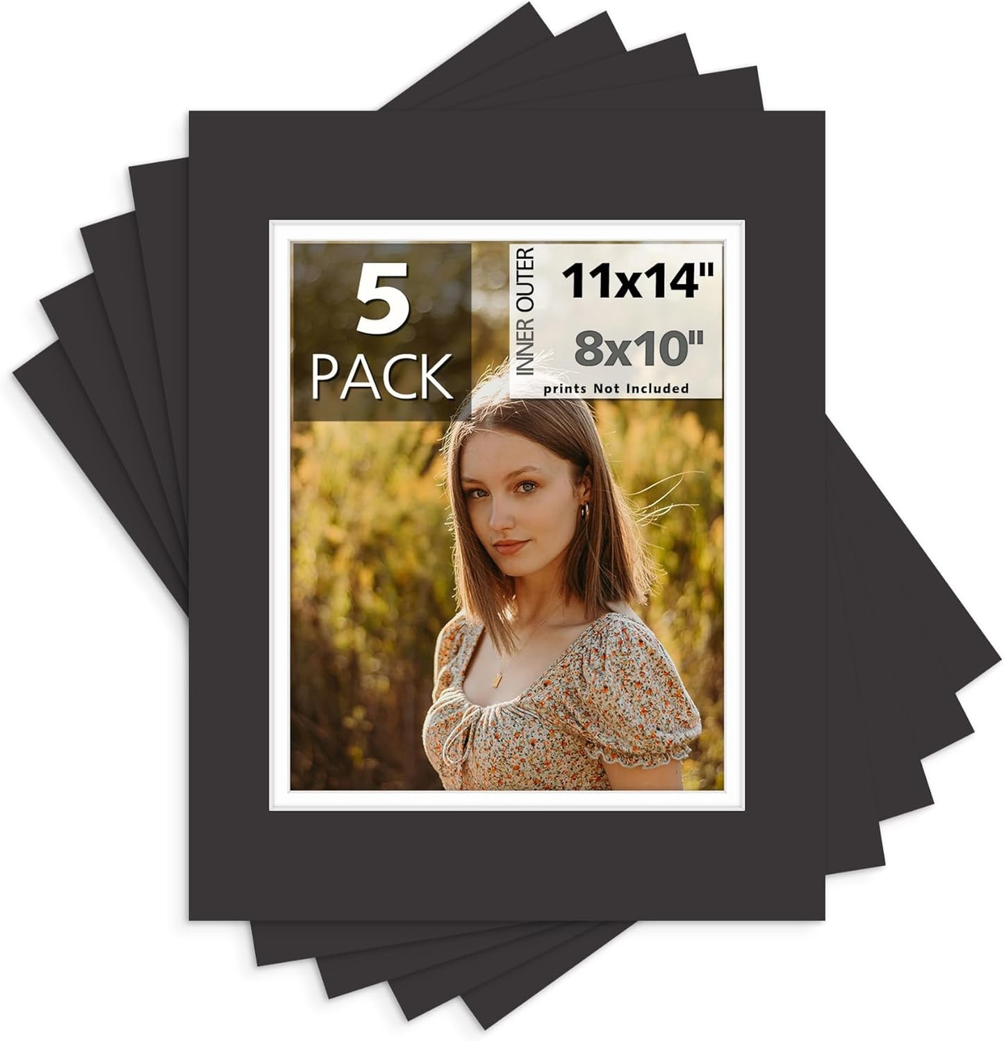 Mat Board Center, Double Mat - Acid Free, 8-ply Thickness, White Core - for Pictures, Photos, Framing (Black Over White, 11x14 for 8x10, Pack of 5)