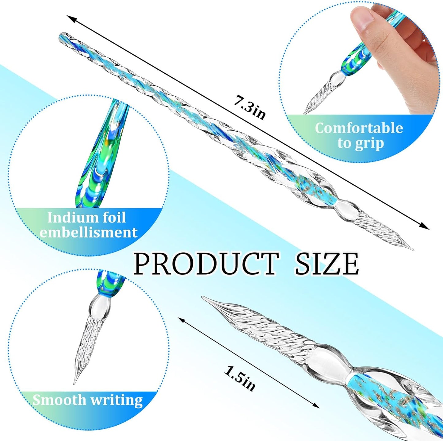 Zonon Glass Dipped Pen Ink Set 14 Pcs Include 6 Pcs Glass Dip Pen, 6 Colorful India Ink and 2 Holder Crystal Signature Calligraphy for Art, Writing, Signatures, Gift(Blue Color System)