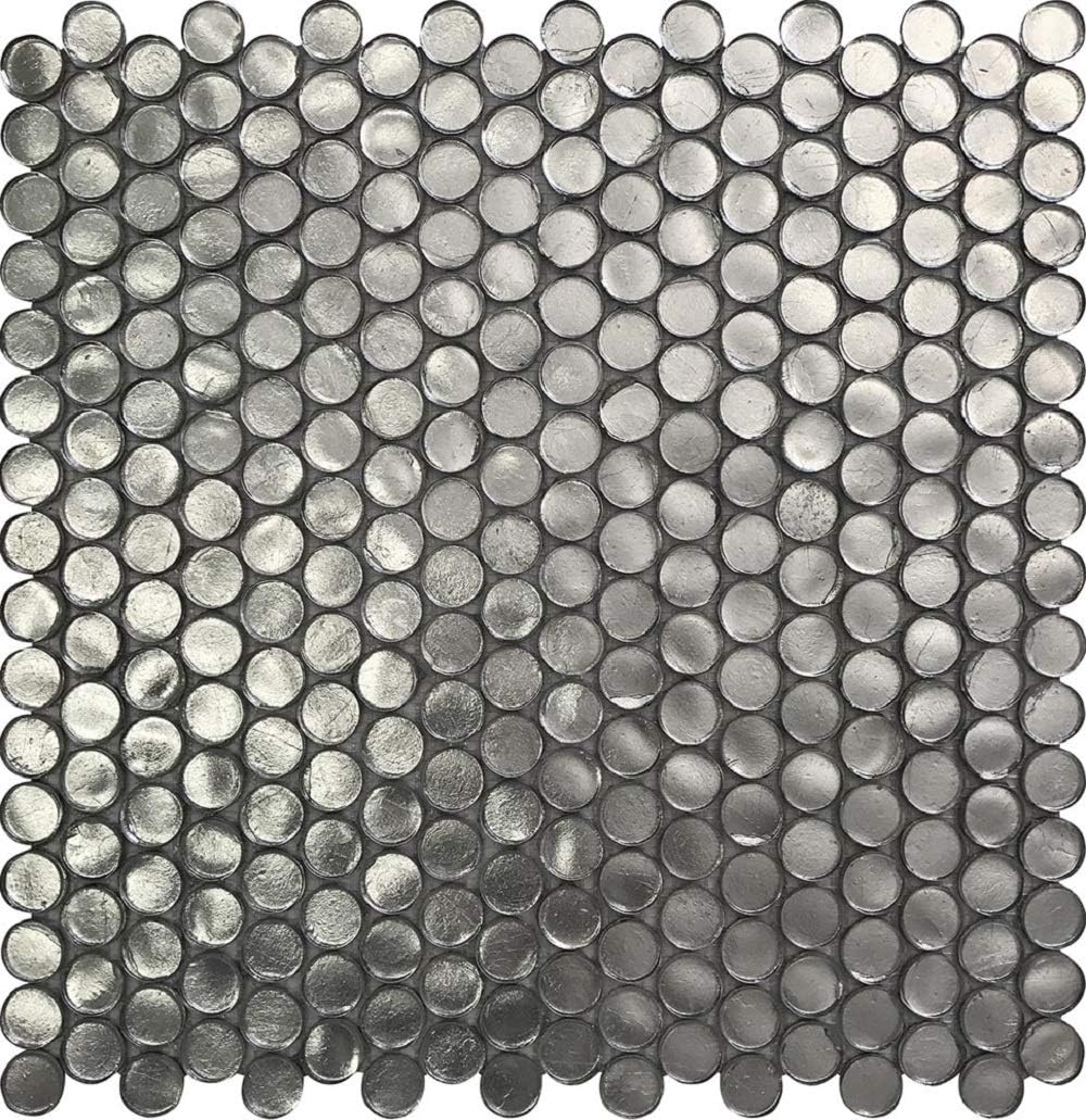 Glass Penny Round 1.03 sq ft/Piece Pack of 1,Silver Penny Round Mosaic Glass Tile – 12.2 x 12.2 Inch - Luxurious Design for Bathroom Walls, Kitchen Backsplash, Shower Walls - Elegant Wall Décor