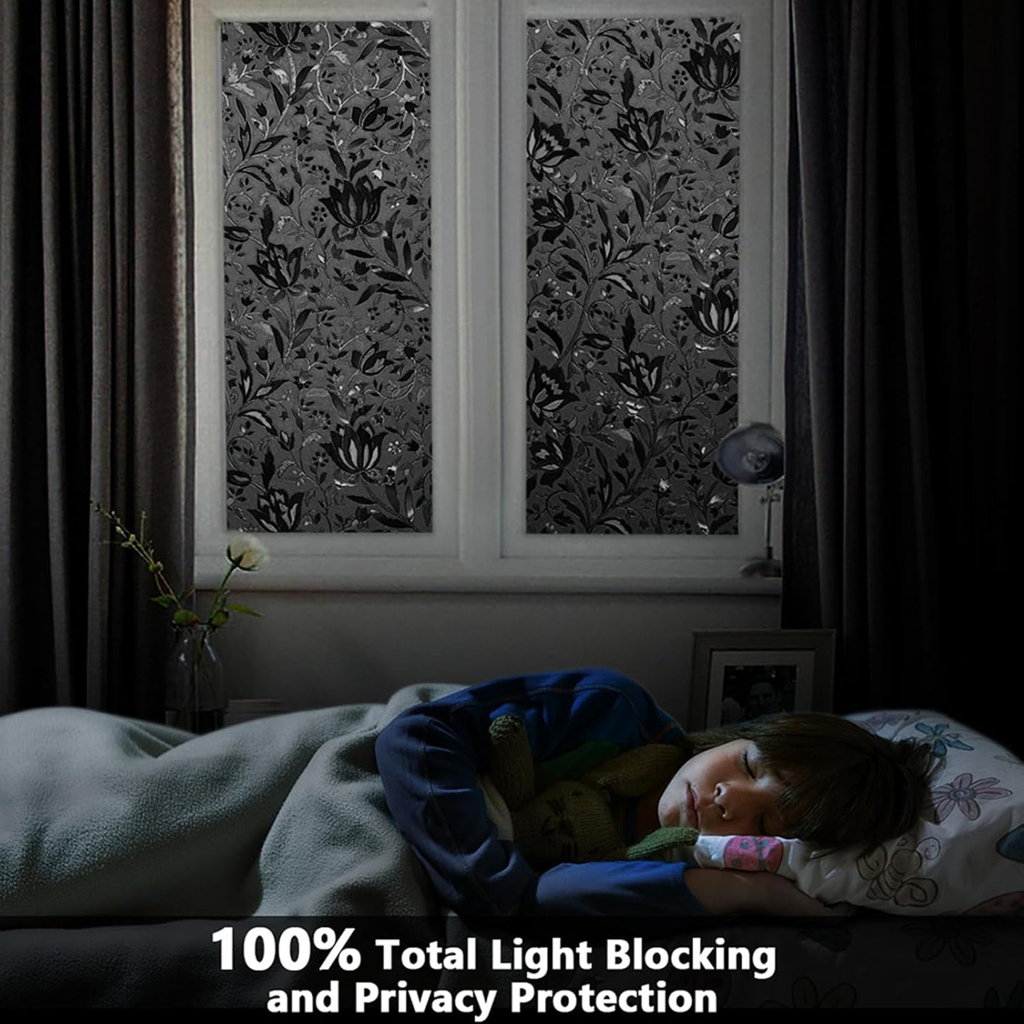 LEMON CLOUD Total Blackout Window Film Privacy Static Cling Frosted Black Window Covering 100% Opaque Film Tint Darkening Removable Film for High Privacy，(Blackout Tulip Design,35.4 x118.1 inches)