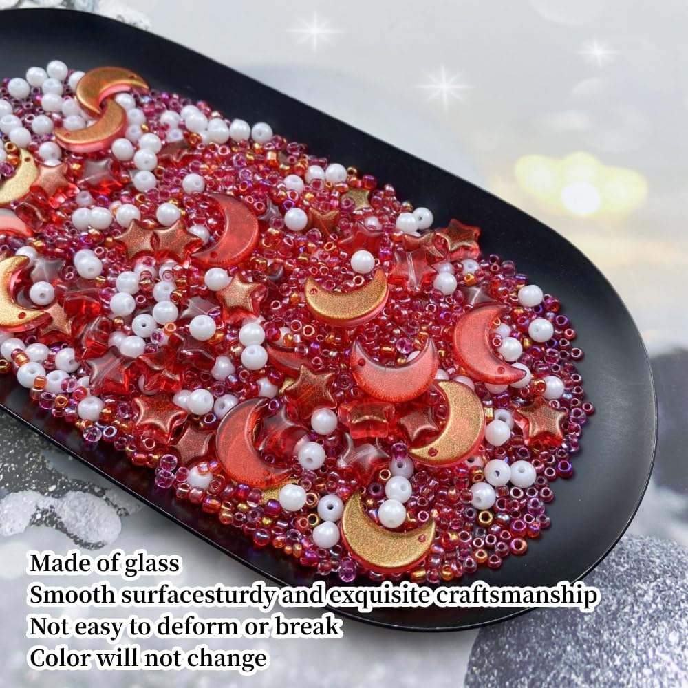 Assorted Glass Beads for Jewelry Making Multi Size Colors Glass Star Moon Seed Pearl Spacer Beads for Bracelets Necklace Earring Making(White Red)