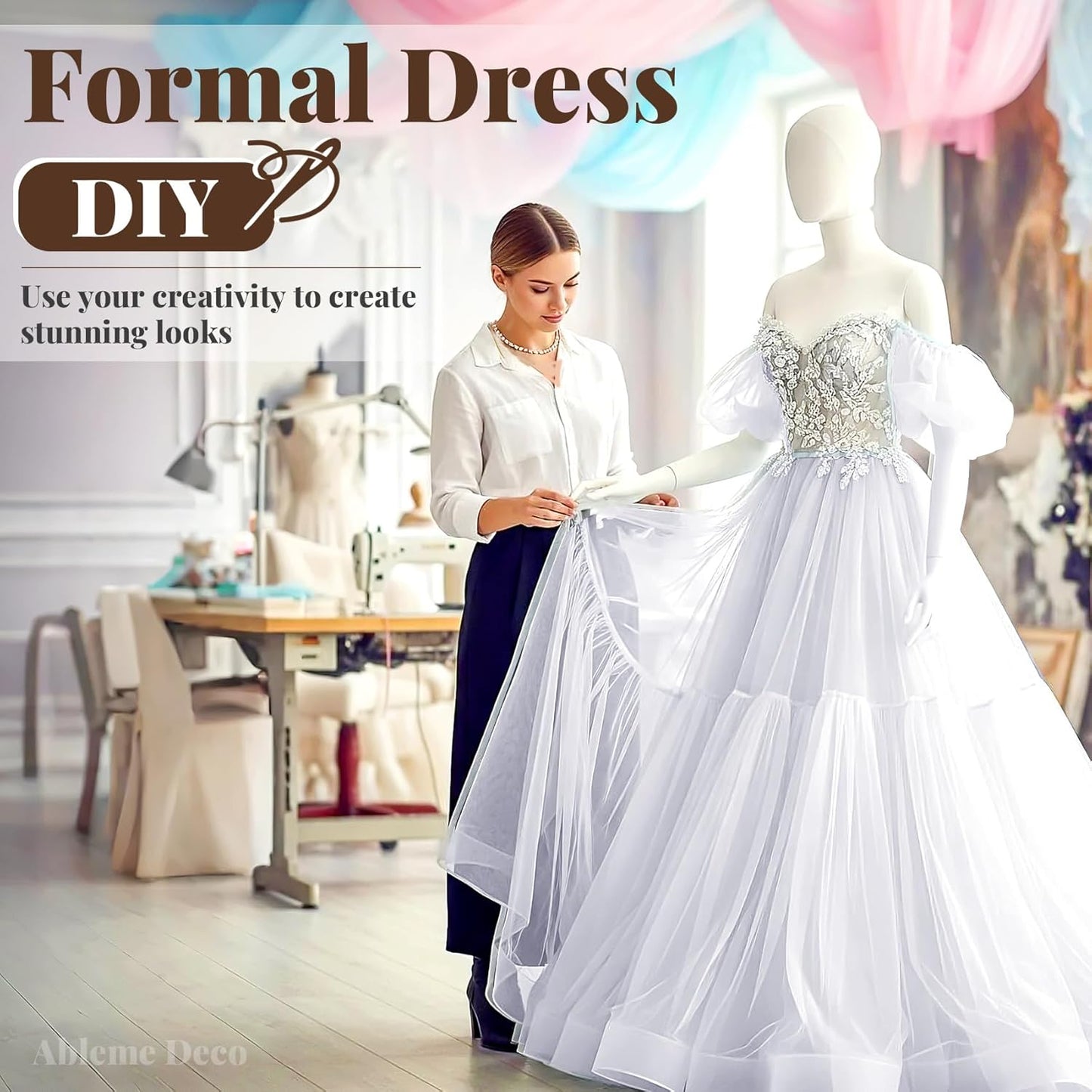 Organza Fabric by The Yard, 60 Inch Wide 10 Yards (30 ft) Extra Long Sheer Fabric for DIY Sewing Projects Window Scarf Wedding Decorations Party Backdrops Curtains (White)