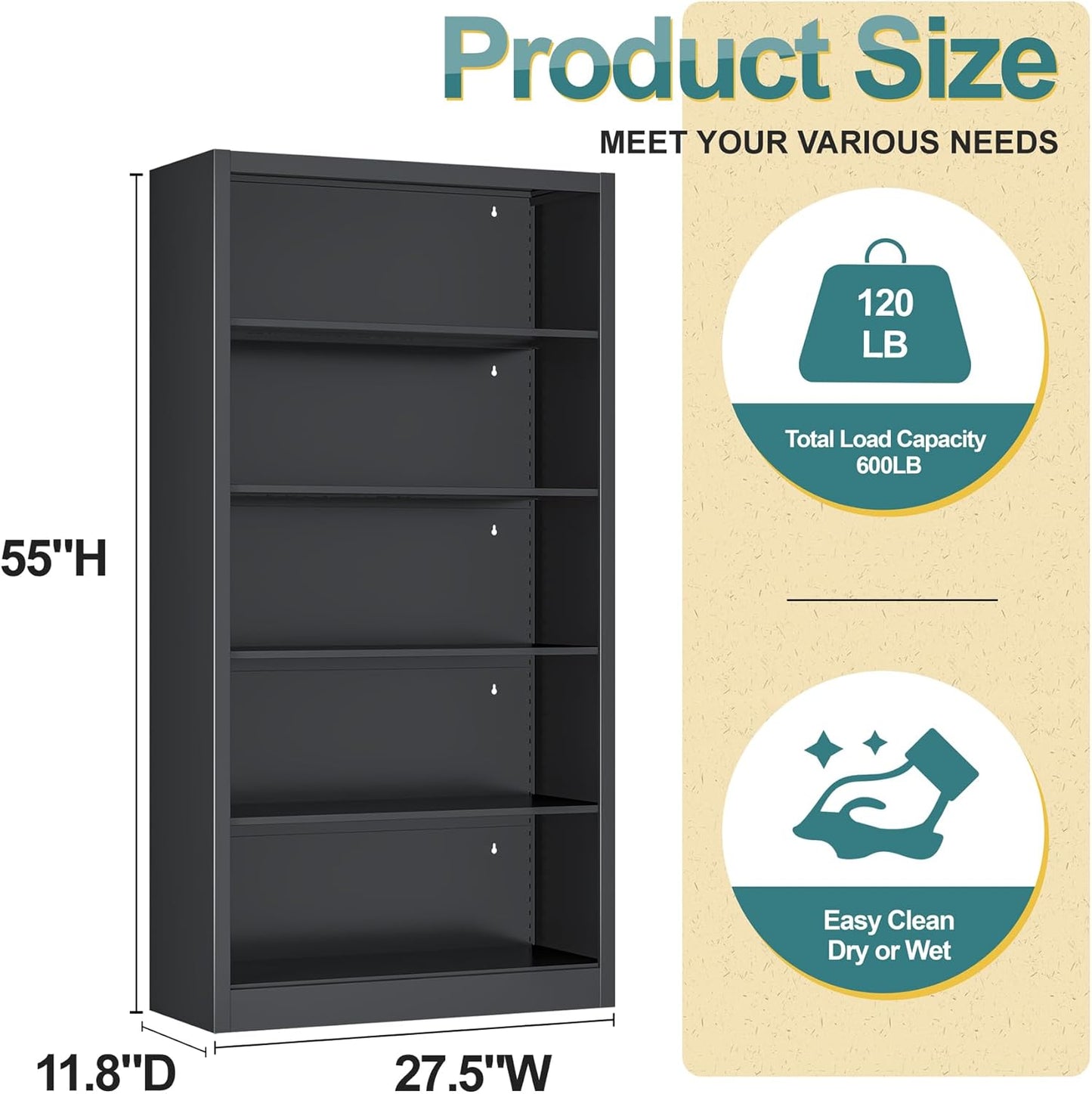 Heavy-Duty Metal Open Storage Cabinet with Adjustable Shelves, 5-Tier Shelving Unit, Easy Assembly Freestanding Organizer for Garage, Pantry,Office, Living Room (Black, 5 Tier-55"H x 27.6"W x 11.8"D)