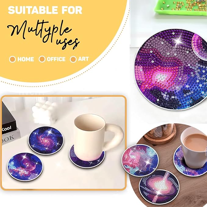 8 pcs Diamond Painting Coasters | Diamond Art Coasters | Galaxy and Nebula Diamond Art Painting | Perfect Art Craft Gift for Galaxy Lover, Dad, Mom, Grandparents, Brother, Sister.