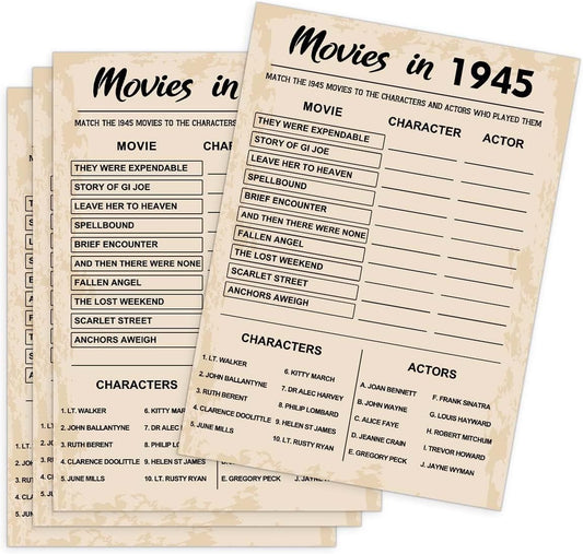80th Birthday Party Games, Movies of 1945 Games, Birthday Party Supplies for Adults, Fun 1945s Party Game，Pack of 30 Cards
