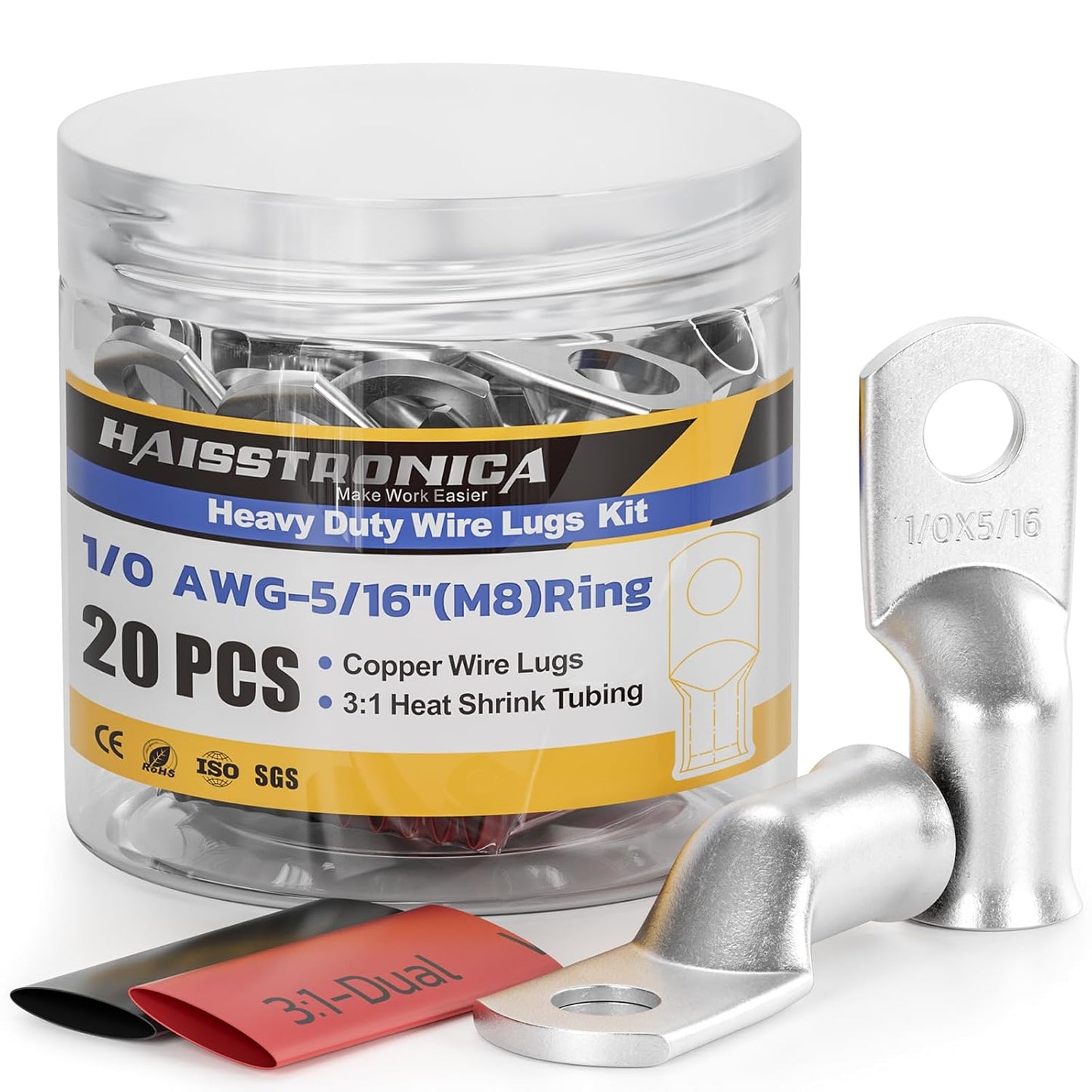 Haisstronica 10pcs 1/0 AWG - 5/16"(M8) Tinned Copper Battery Lugs,Heavy Duty Copper Wire Lugs with 10pcs 3:1 Adhesive Heat Shrink Tubing, 0 Gauge Wire Lugs, Tinned Copper Battery Cable Ends