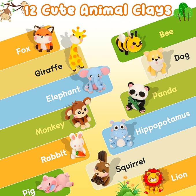 Air Dry Clay for Kids,12 Animal Modeling Clay for Kids,Arts and Crafts,Non-Toxic Air Dry Clay Animal Kit with Sculpting Tools, DIY Christmas Gift for Girls and Boys Christmas Crafts
