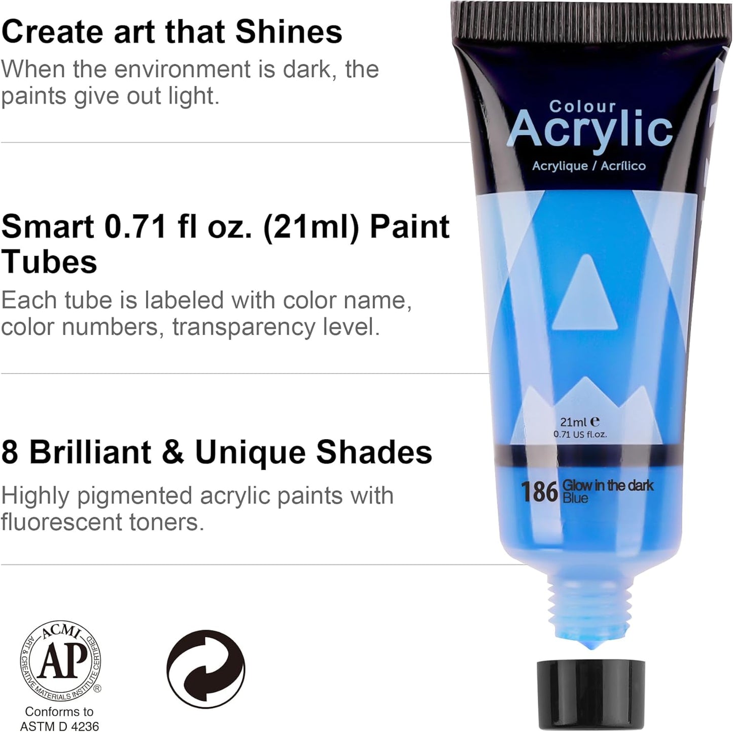 AUREUO Glow in the Dark Acrylic Paint, 8 Colors x 0.71 Fl Oz / 21ml Neon UV Black Light Paints for Easter Rocks, Wood, Craft, Canvas, Paint Party Supplies