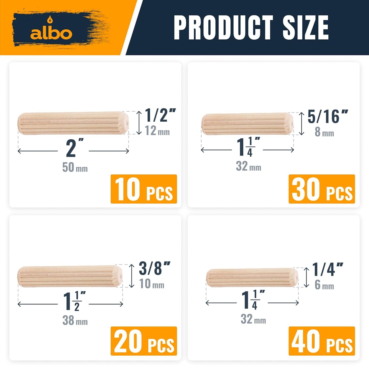 ALBO Wooden Dowel Pins 100 Pack Assorted Sizes 1/2 + 3/8 + 5/16 + 1/4 inch Fluted Wood Dowels Rods Hardwood Crafts Dowel Pegs