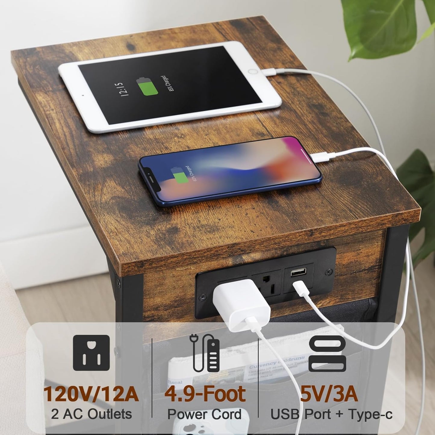 AMHANCIBLE C Shaped End Table with Charging Station, TV Tray Set of 2, Couch Tables with Storage Bag, Slide Under Sofa Side Table with USB Ports and Outlets for Living Room, Rustic Brown HET04CBR