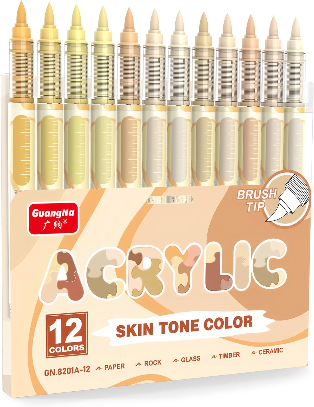 Guangna 12 Skin Tone Acrylic Paint Markers Set, Brush Tip Acrylic Paint Pens for Rock Painting, Wood, Glass, Paper, Coloring Book, Ceramic, Canvas, DIY Crafts, Water-Based Ink