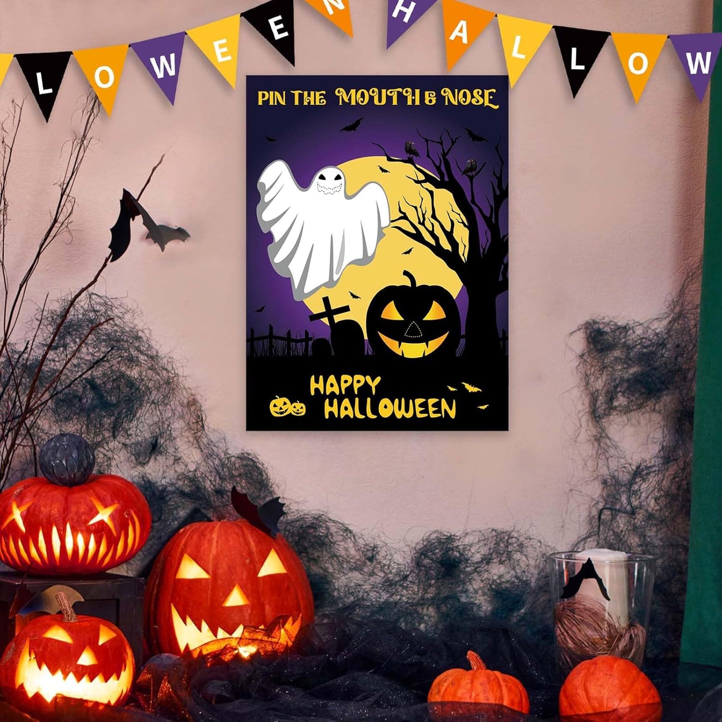 ASTARON Halloween Party Games, Pin The Mouth on Ghost Halloween Party Activities Classroom Games for Children, Kids Birthday Party Games Halloween Party Supplies