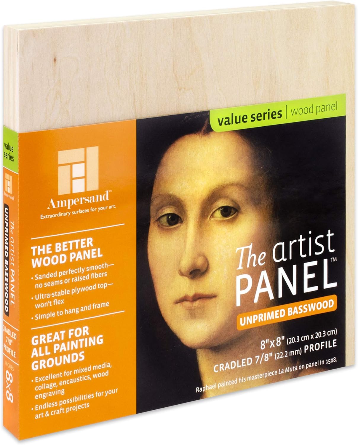 Ampersand Art Supply Unprimed Basswood Artist Panel, 7/8" Cradled Profile, 8"x8"