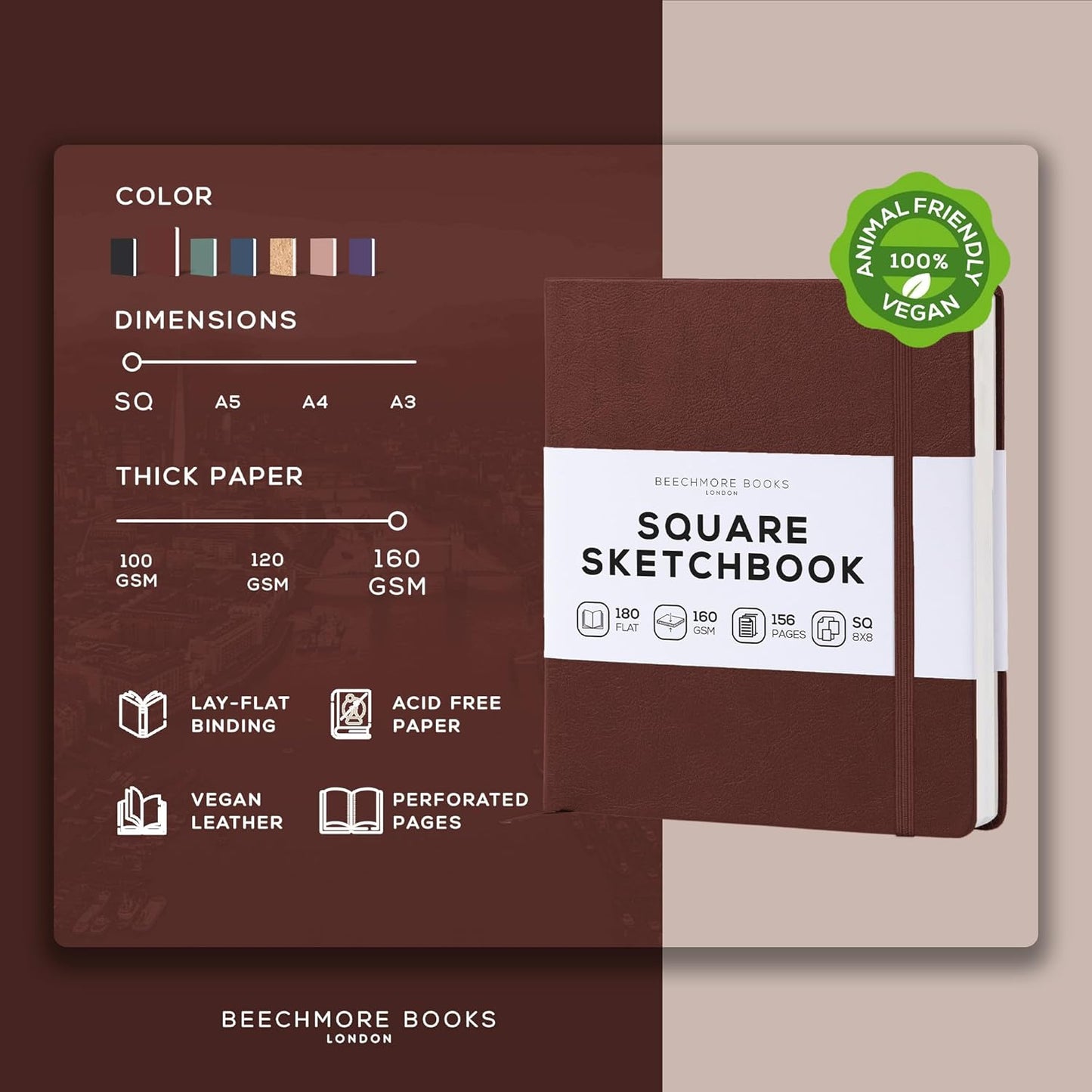 Beechmore Books Square Sketchbook – 8x8 Premium Vegan Leather Bound Large Sketch Book Hardcover with 156 Thick 160gsm Perforated Ivory Pages, Blank Sketch Pad, Gift Boxed Back Pocket, Ribbon Bookmark