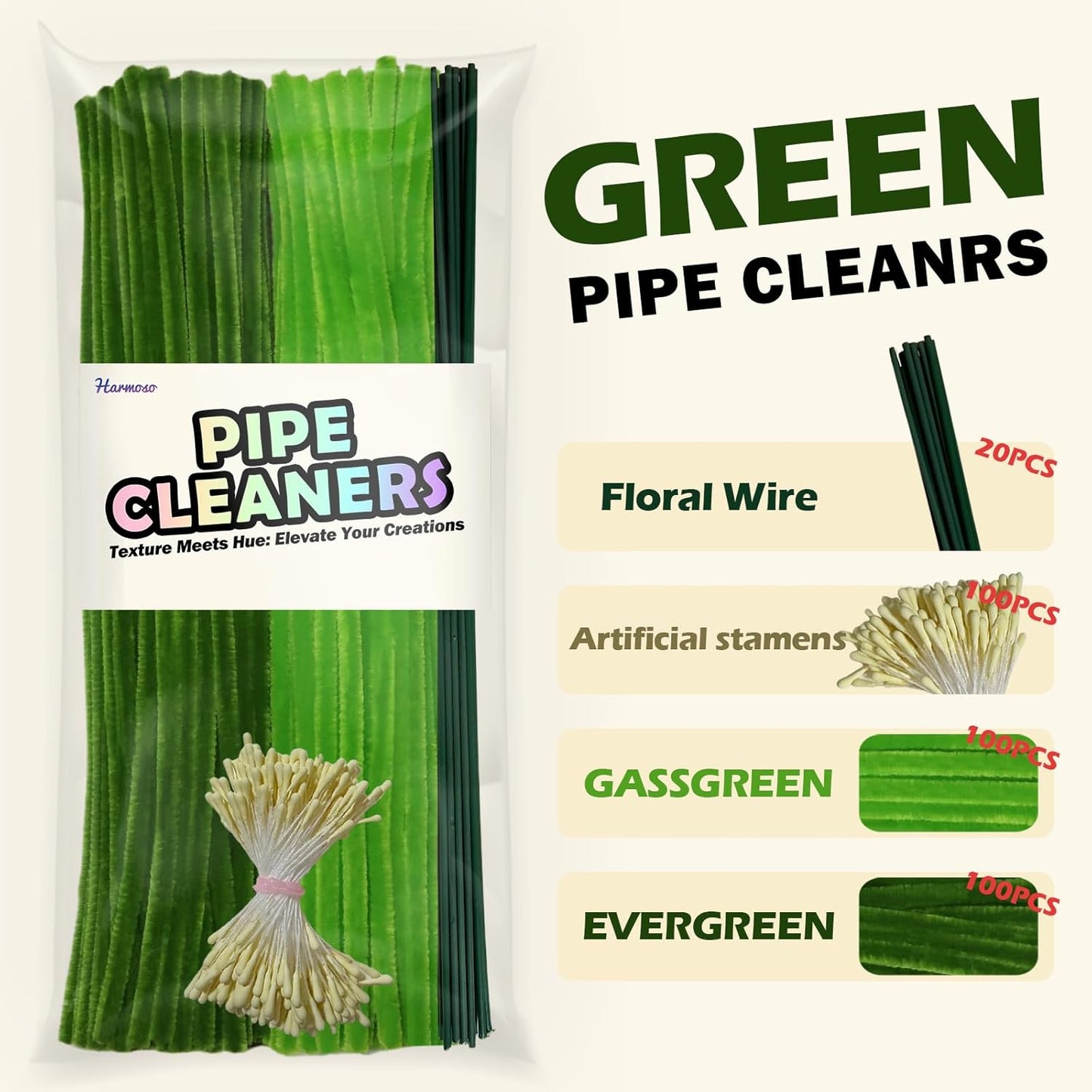 Harmoso 200pcs Green Pipe Cleaners Bulk - Flower Stamens, Leaves, and Stems for Crafting Realistic Handmade Flowers with Pipe Cleaners (12 x 0.24 inches)