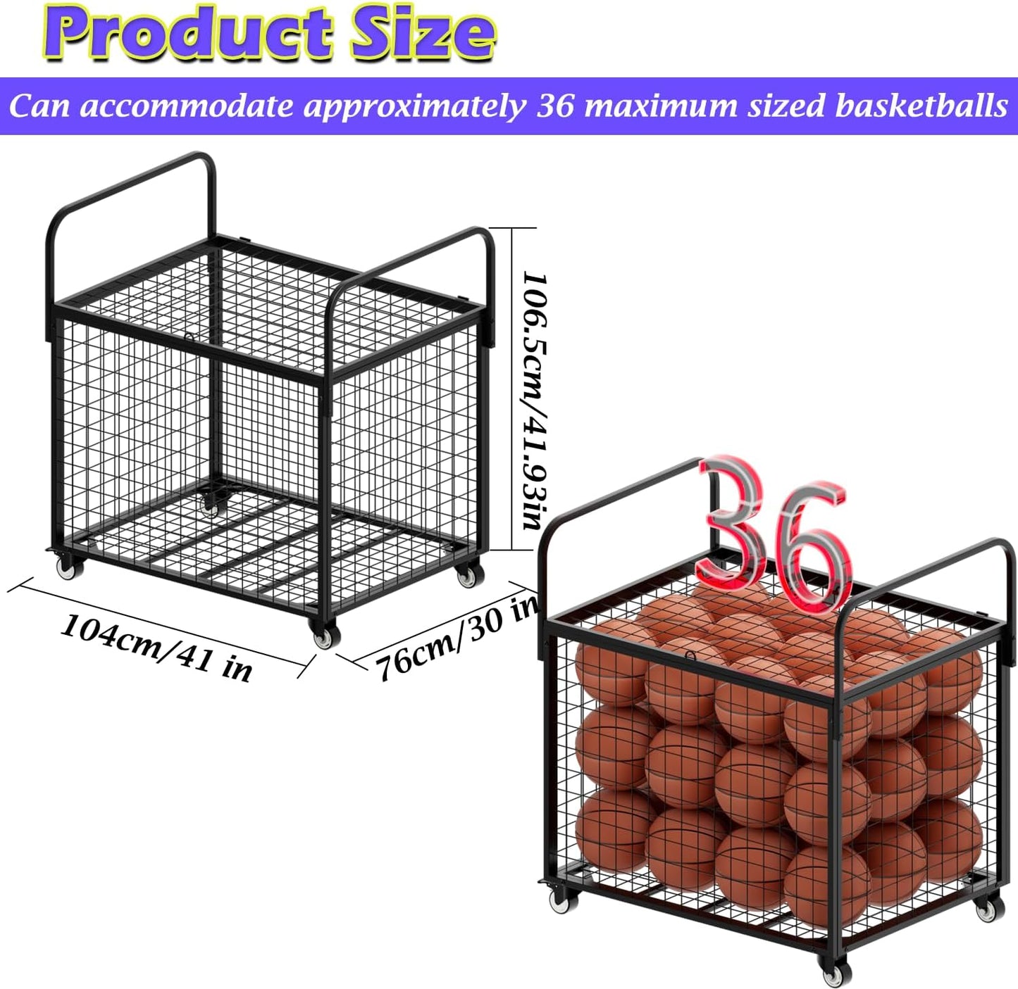 Ball Storage - 22.83" Basketball Cart With Wheels Garage Volleyball Storage Sport Equipment Holder Organizer For Indoor Outdoor,Metal Storage Rack For Playgroup,Gym And School