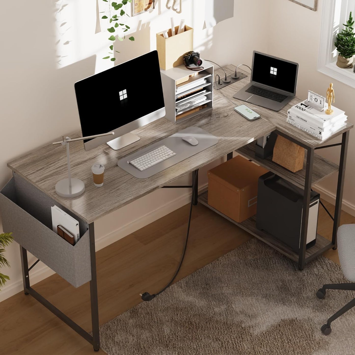 TIQLAB L Shaped Computer Desk with Power Outlets, 40 Inch Small Corner Desk with Reversible Shelves, Gaming Desk Computer Table Study Writing Desk for Home Office Small Space, Gray