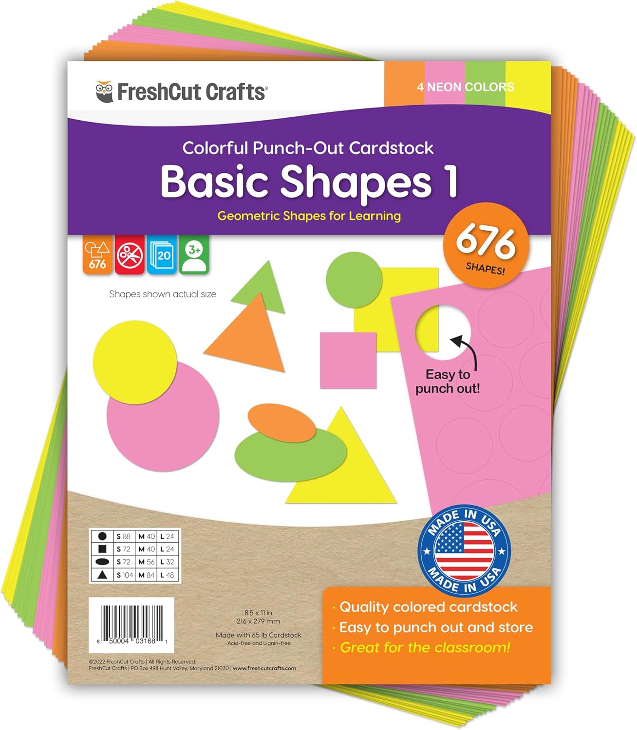 Basic Shapes 1: Circles, Triangles, Squares, Ovals, 676 Pieces US Made Card Stock Punch Out Geometric Shapes in 3 Sizes and 4 NEON Colors for Math, Pattern Play and DIY Crafting