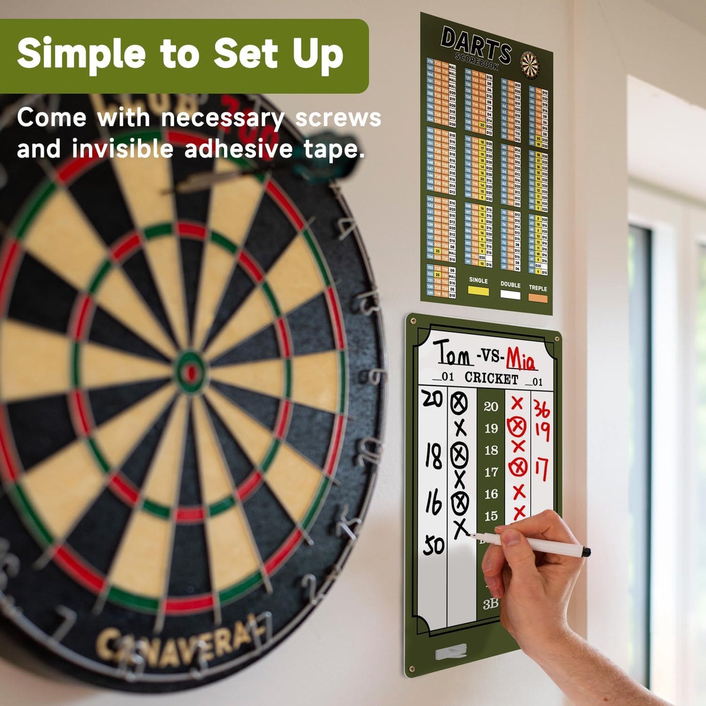 Darts Scoreboard - Dry Erase Dart Scoreboard for 301, 501 and Cricket Games - Come with Darts Scorebook & 2 Pens
