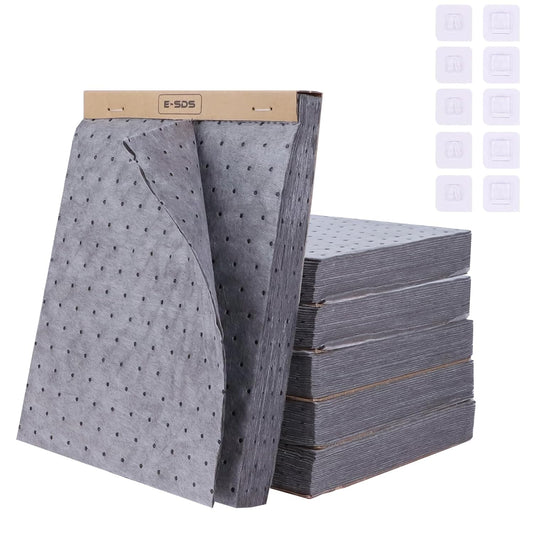 E-SDS Oil Absorbent Pads with Wall Hooks - 100-Pack (5x20) 13"x10" Reusable Liquid Spill Mats for Garage & Workshop - Super Absorbent Leak Control Pads (Grey, Boxed)