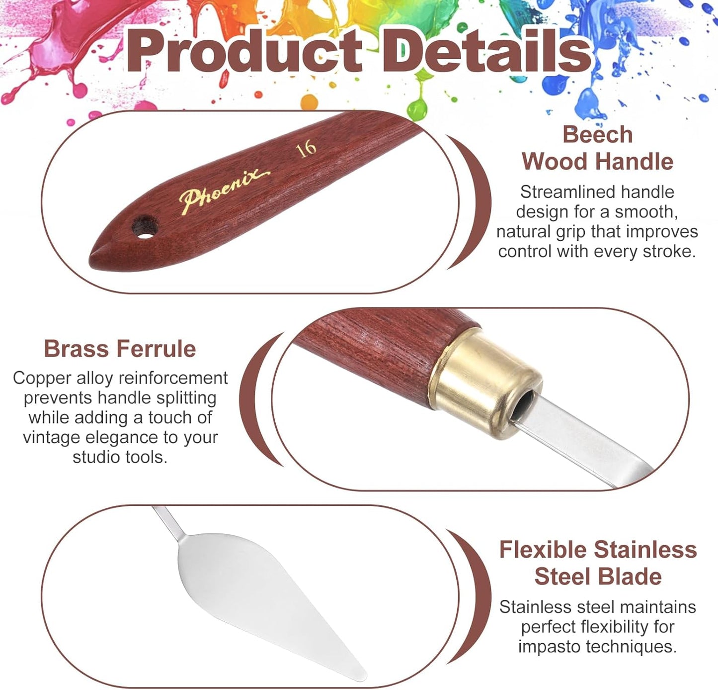 MECCANIXITY Pack of 1 Palette Knife No.16, 9.4" Long Palette Knives with Stainless Steel Flexible Spatula Pallet Knife and Wood Handle for Scraping, Mixing, Oil Acrylic Painting Canvas