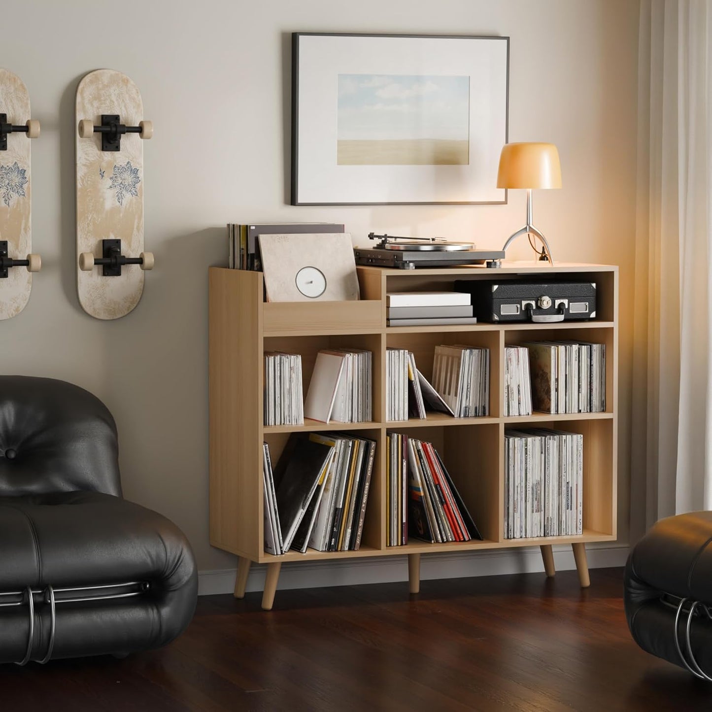 Cozy Castle Large Record Player Stand, Vinyl Storage Cabinet Mid Century Modern Turntable Stand Media Console Table Open Shelf Cube CD Album Holder Organizer for Living Room, Office, Oak