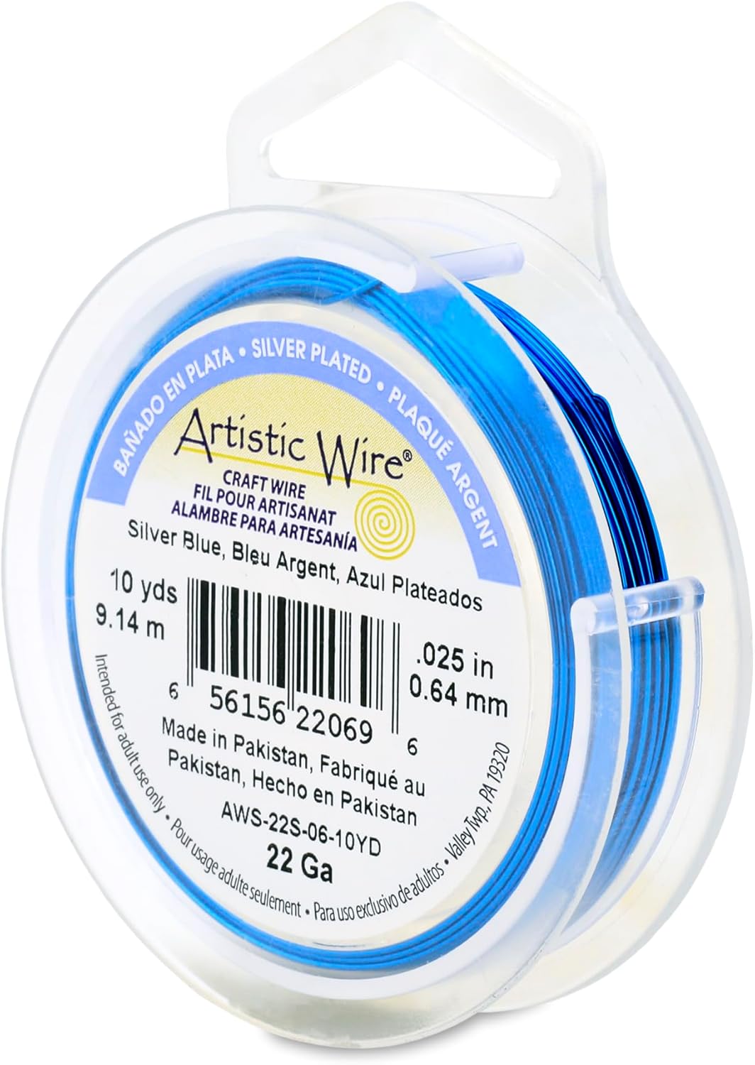 Artistic Wire, 22 Gauge Silver Plated Tarnish Resistant Colored Copper Craft Wire, Silver Blue, 10 yd