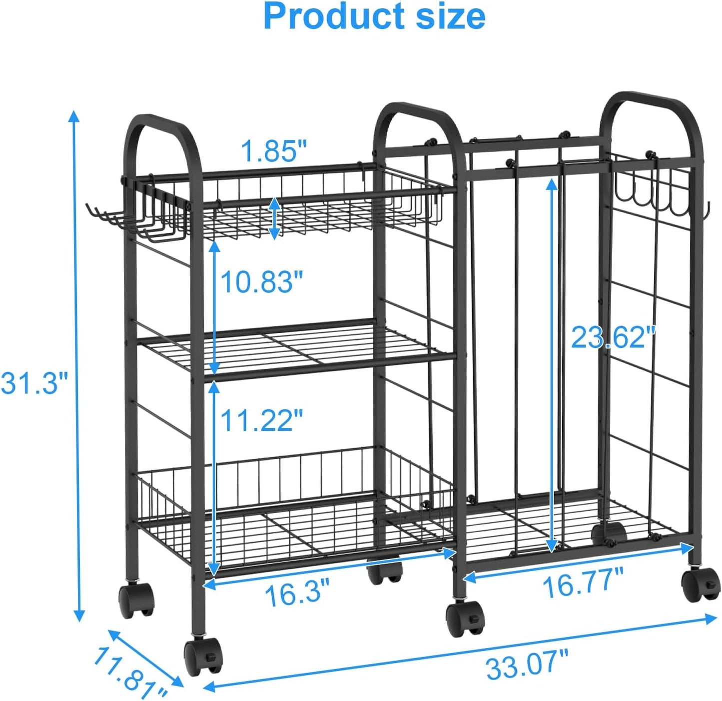 Ball Storage Rack, Sports Ball Storage Cart with 6 Wheels, Elastic Strap, Removable Basket, Hooks, Sports Equipment Organizer For Garage, Children's Room, Court, School, Small Gym, Outdoor