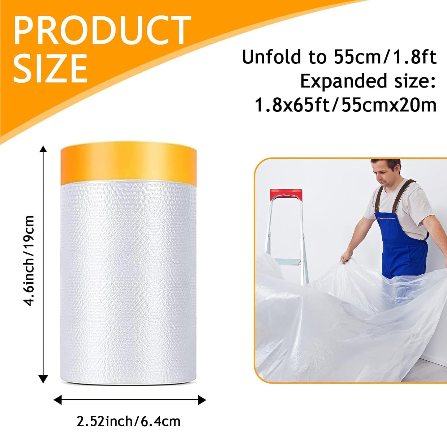 Painters Plastic with Tape 22" x 66',Pre-Taped Masking Film for Painting,Paint Protection Film with Built-in Tape, Drip-Free Painting for Cars,Walls, Floors, Furniture（2 Rolls）