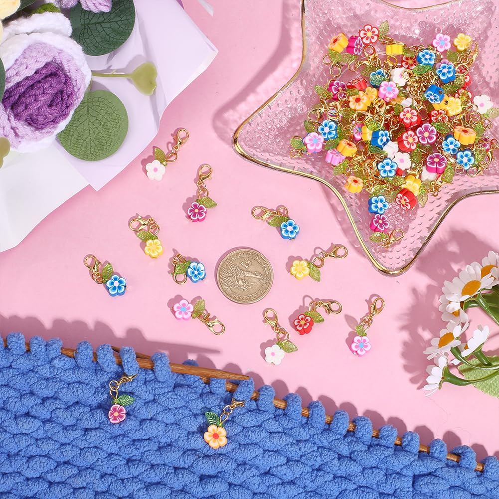 80Pcs Flower Stitch Markers Charms Handmade Polymer Clay Pendant Decorations Alloy Lobster Claw Clasps Charms Knitting Crochet Notions Clip On for Weaving Sewing Bag Ornaments
