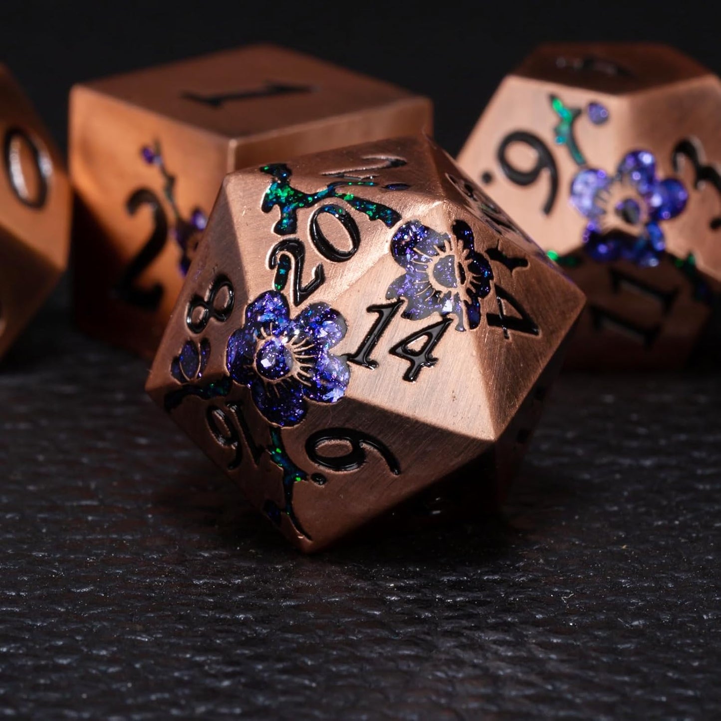 Metal DND Dice Set, Dungeons and Dragons Metallic Flower Dice with Gift Case, Polyhedral Dice Sets for Tabletop Games (Antique Red Copper - Purple)