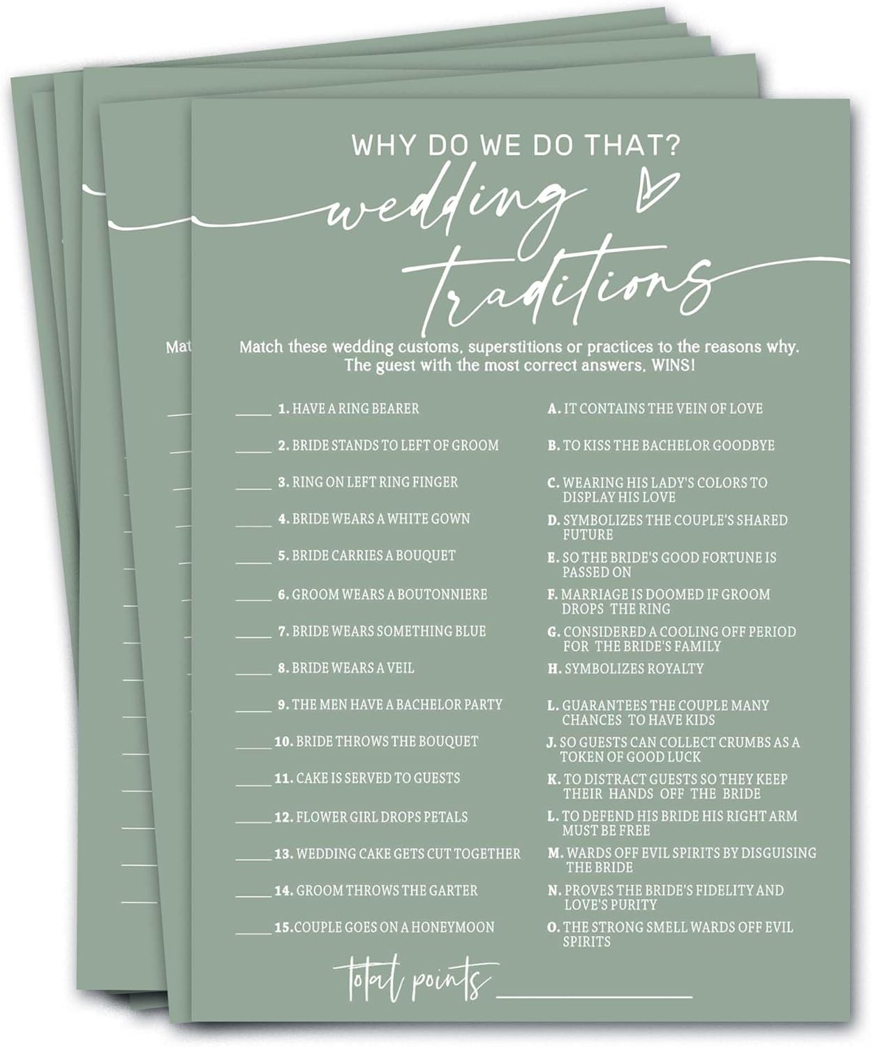 Bridal Shower Games Cards, Wedding Traditions Why Do We Do That, 25 Game Cards with 1 Answer Card, Engagement Party Wedding Games for Guests, Minimalist Green Wedding Party Supplies - C08