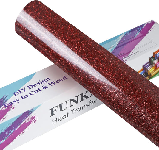 FUNKAKA Glitter Red HTV Heat Transfer Vinyl Rolls, 12" x 8ft PU Iron on Vinyl for T-Shirt Red Glitter HTV Vinyl for All Cutter Machines Easy to Cut & Weed for Heat Vinyl Design