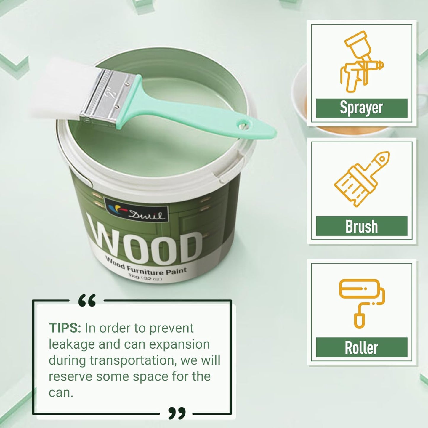 DWIL Matte Finish Furniture Paint - 32 Oz Wood Paint for Cabinets, Doors, Tables, and Dressers Refinishing - Water-Based, Non-Toxic & Odorless, Easy to Apply(Cardamom Green)-With Tools