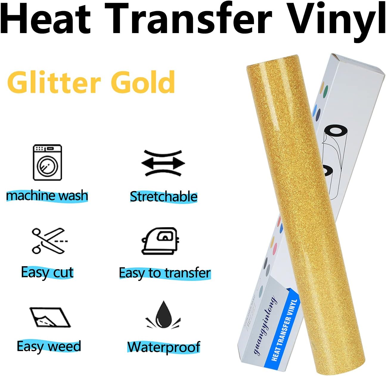 guangyintong Glitter Gold Heat Transfer Vinyl HTV Rolls, 12" x 8ft Iron on Vinyl for T-Shirts Glitter Gold HTV Vinyl for All Cutter Machines Easy to Cut & Weed for Heat Vinyl Design