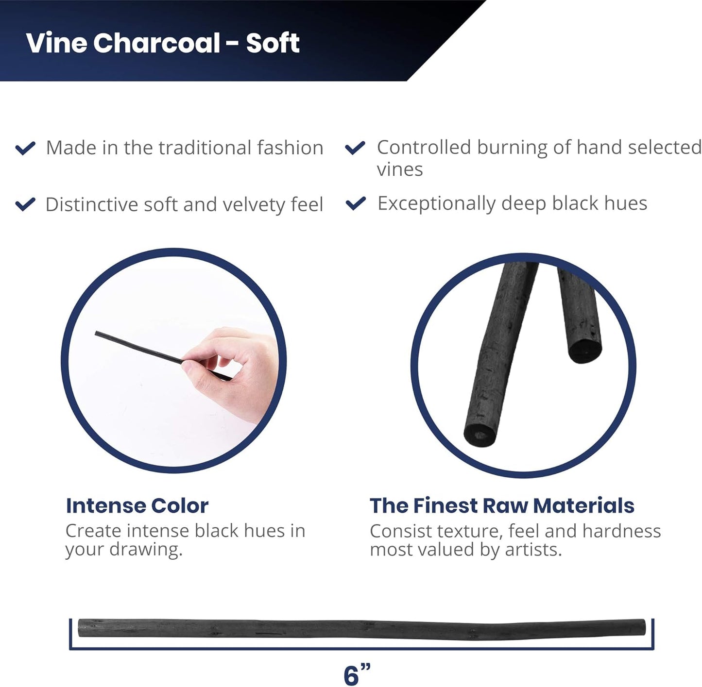 Pacific Arc Artist Vine Charcoal, Soft, Black 12 Pieces, Artist Vine Charcoal Sticks, Extra Soft and Smooth Drawing Charcoal