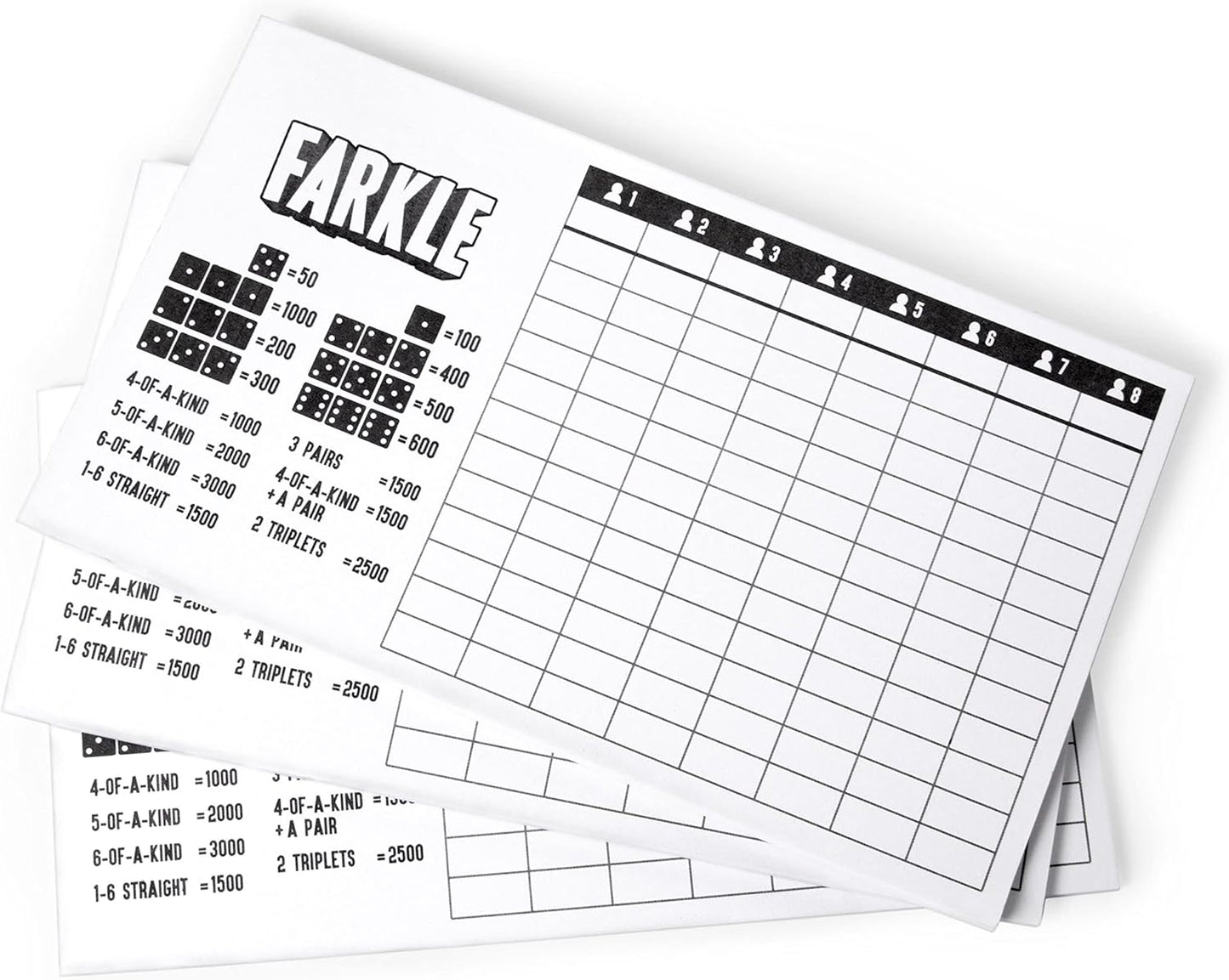 Brybelly Farkle Scorecards – Set of 75 Replacement Score Sheets for Farkle Dice Games for Up to 8 Players