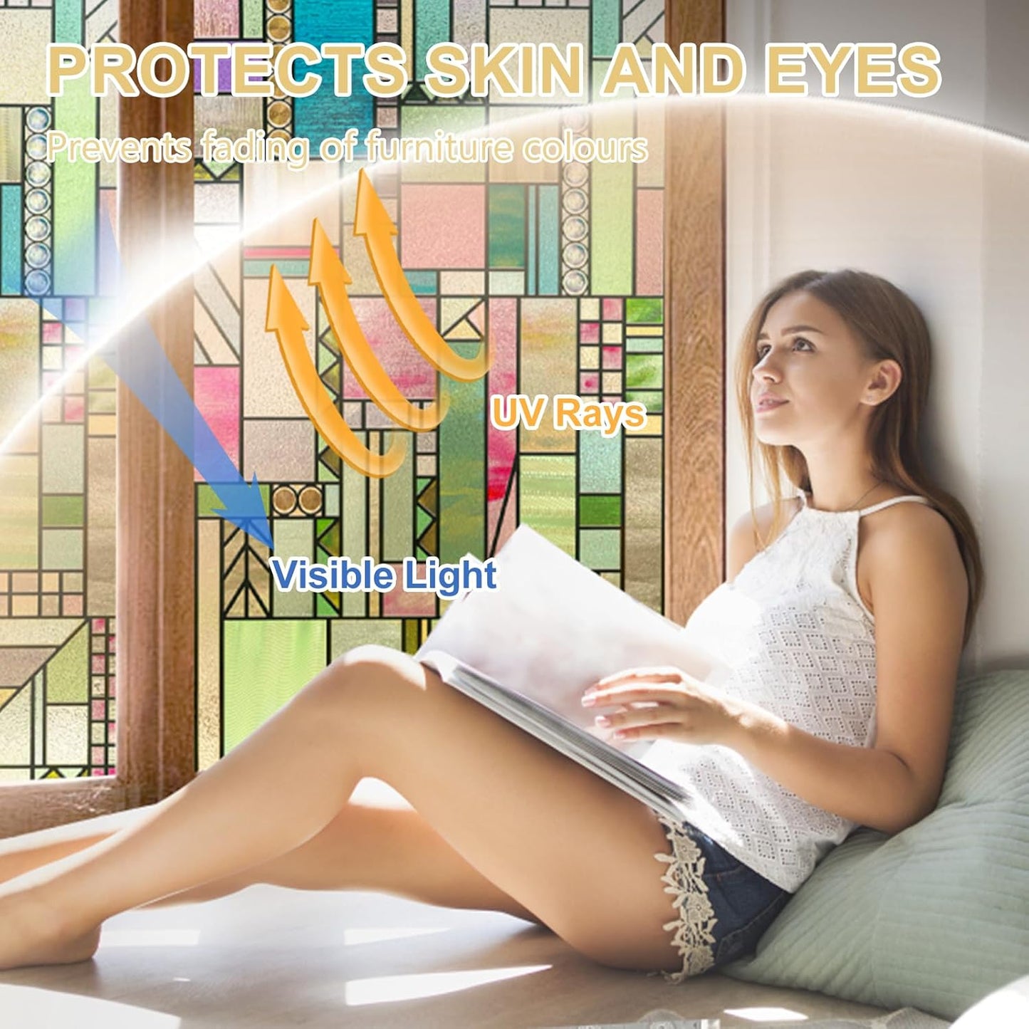 3D Stained Glass Window Privacy Film, Heat Control UV Blocking Static Cling Decorative Window Film for Bathroom,Front Door,Home Non Adhesive,Colorblock 23.6 x 35.4 inches