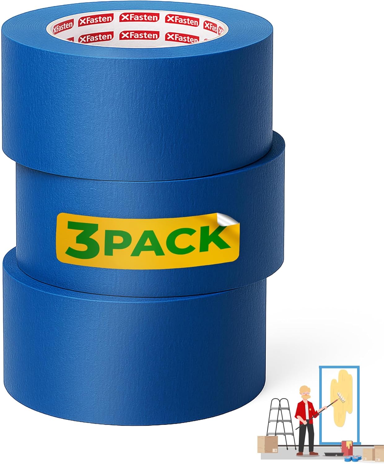 XFasten Blue Painters Tape 540 Feet 3 Inch X 60 Yards (3-Pack) Wide Painters Tape Blue Masking Tape Paint Tape for Walls, Painters Tape Car Strong Adhesion, No Mess Blue Tape Masking Tape for Painting